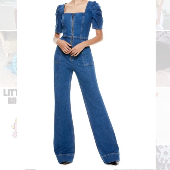 Alice + Olivia Pants - Alice and Olivia Kennedy Puff-Sleeve Denim Jumpsuit
